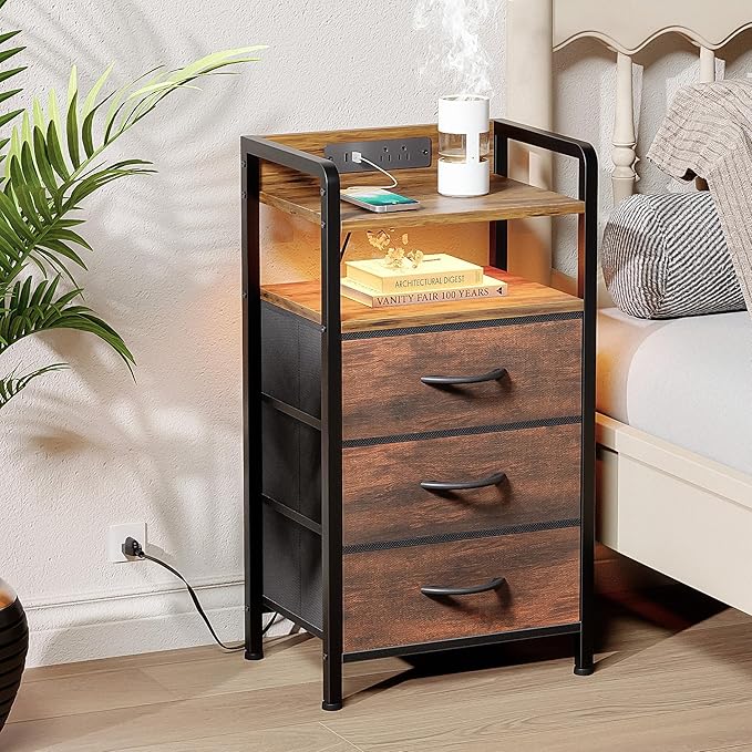 Lazzanto Nightstand with Rear Charging Station, LED Light, 3 Drawers, Brown | Industrial Nightstand, 2 USB-A Ports & AC Outlets, Raised Back Guard, Fabric Storage Drawers, Bedside Table for Bedroom, Dorm - Image 2