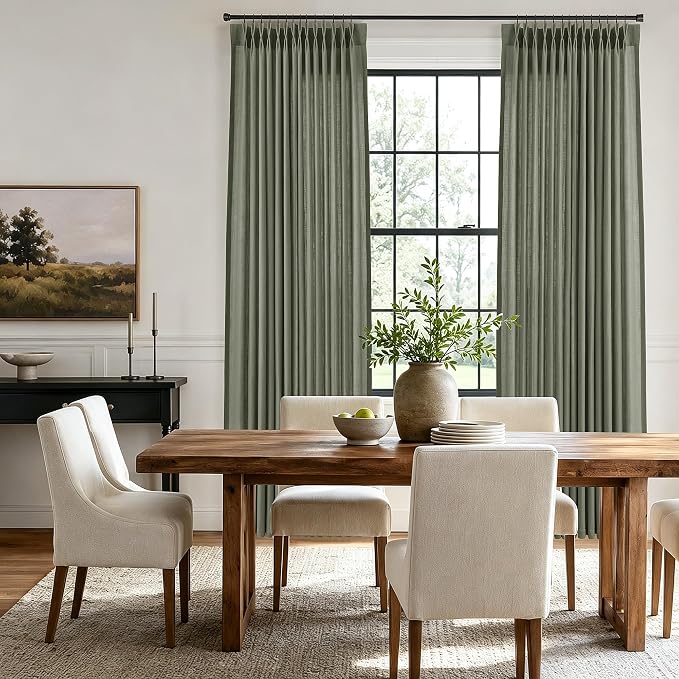 Hokibero Olive Green Pleated Linen Curtains 108 Inch Long for Living Room | Light Filtering Sheer Curtain,Pinch Pleat Back Tab Hooks Rings,Farmhouse Textured Privacy Drapes for Bedroom Window,2 Panels - Image 3