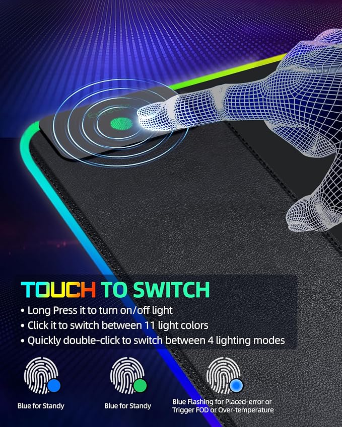 15W Wireless Charging RGB Mouse Pad, 31.5"x15.7", XXL Gaming Desk Mat | 15 Lighting Modes, Large Ultra-Smooth Surface, Non-Slip Rubber Base, Waterproof Computer Keyboard Pad for Desk, Office, Black - Image 6