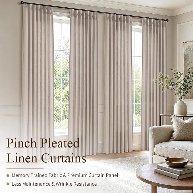 Hokibero Oatmeal Pinch Pleated Linen Curtains 102 Inch Long for Living Room | Light Filtering Sheer Curtain,Pinch Pleat Back Tab Hooks Rings,Farmhouse Textured Privacy Drapes for Bedroom Window,2 Panels - Image 2