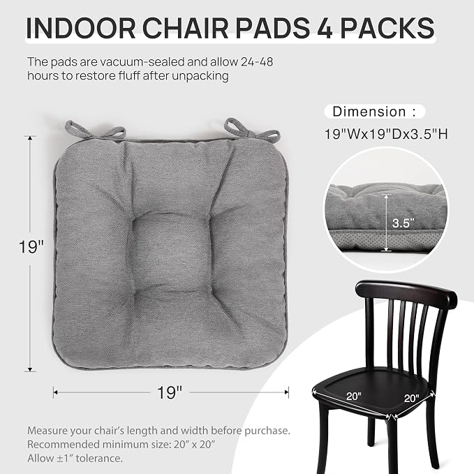 Love's cabin Memory Foam Chair Cushions Set of 4, 19 Inch, Grey | 19"x19"x3.5", Indoor & Outdoor Chair Seat Pads with Non-slip Bottom and Ties, for Dining, Kitchen, Office and Patio Chair - Image 2