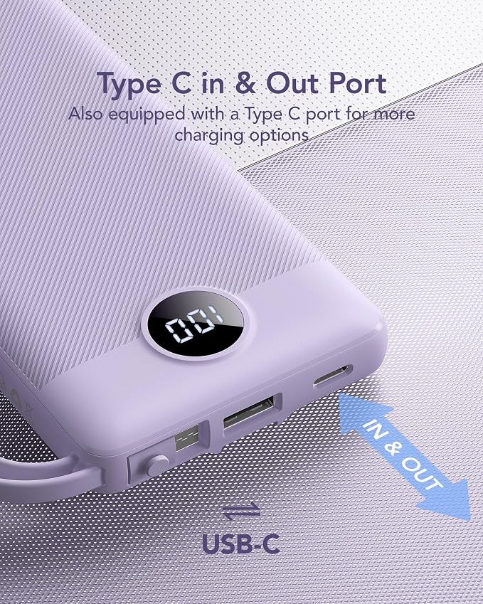 VRURC Portable Charger Built in 4 Cables, 10000mAh Power Bank | Battery Pack Travel Essentials, 5 Outputs 2 Inputs Slim Phone Charging Bank Lavender(1 Pack) - Image 6