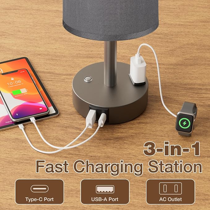 Grey Touch Bedside Lamp for Bedroom, Stepless Dimmable, USB A+C, AC Outlet | Base Touch Button Only, Memory Brightness, Ultra-dim Night Light, Included Bulb for Optimal Dimming, Grey Fabric Shade, Desk - Image 4