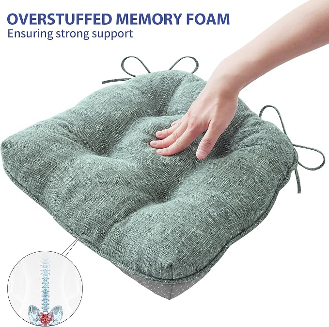IPYNBAP Chair Cushions for Dining Chairs Set of 6, Kitchen Chair Cushions, Chair Pads with Ties Non Slip Backing, Christmas Room Decor, Tufted Memory Foam Seat Cushion 6 Pack, 15.5x15.5x4, Sage Green - Image 5