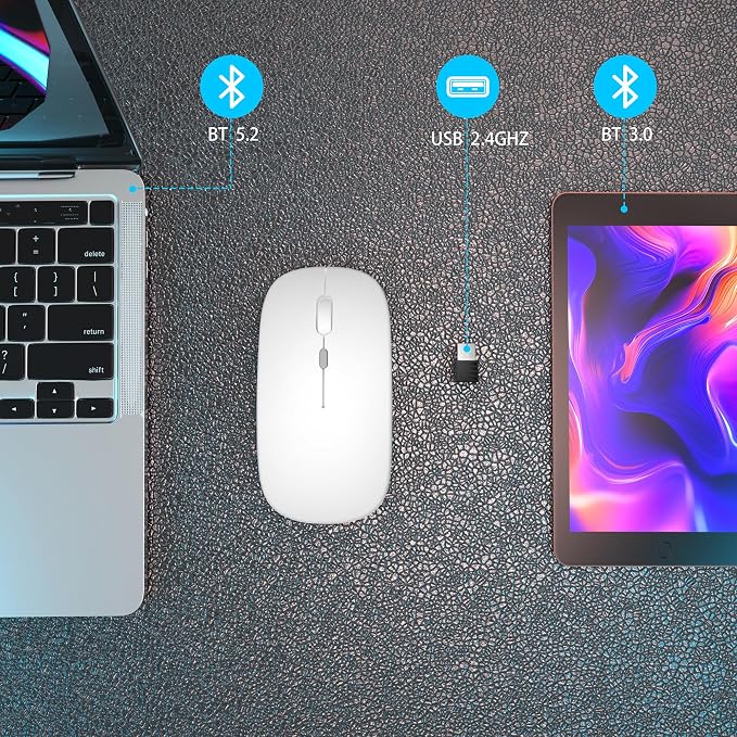 AIKOKOK Wireless Bluetooth Mouse, Rechargeable Dual Mode Mouse,Bright White | BT 5.2 & 2.4G USB Receiver, 3 Adjustable DPI,LED Lights,Slim,Silent,Portable Computer Mouse for Laptop,PC,MacBook,iPad,Tablet - Image 5