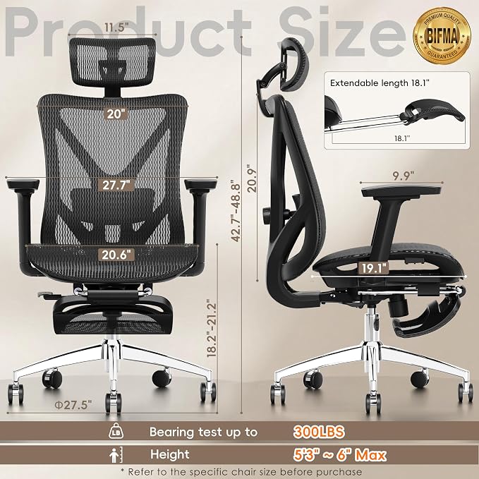 Ergonomic Office Chair with Footrest, 135° Reclining Desk Chair with Adjustable Lumbar Support,3D Armrest,Headrest & Large Steel Base, 300LBS Heavy Duty Mesh Chair - Image 2