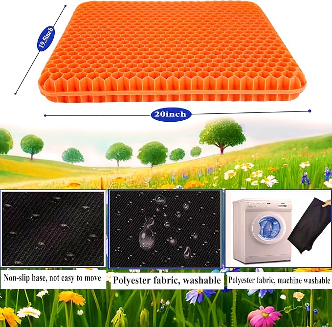 Plus Size Gel Seat Cushion for Long Sitting, Extra Large Cooling Supportive Seat Cushion for Back, Sciatica, Muscle, Tailbone Pain Relief, Use for The Office, Wheelchair, Car, Recliner, Kayak.(Orange) - Image 2