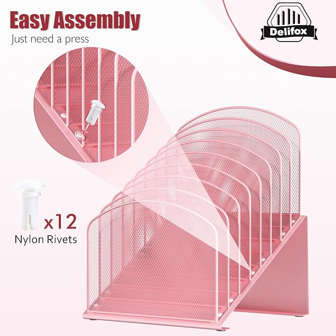 Inclined Desk File Organizer, 8-Section Upright Desk Organizer Standing File Sorter for Office Classroom Desktop Organization (Pink, 8) - Image 2