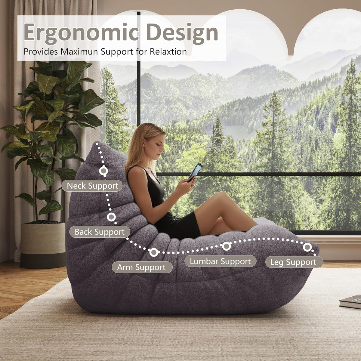 Giant Bean Bag Chair for Adults,Comfy Lazy Fireside Accent Chair with Memory Foam,Cozy Single Floor Sofa Couch Boneless Chaise Lounge for Living Room Bedroom Gaming Room(Gary,1Seater) - Image 3