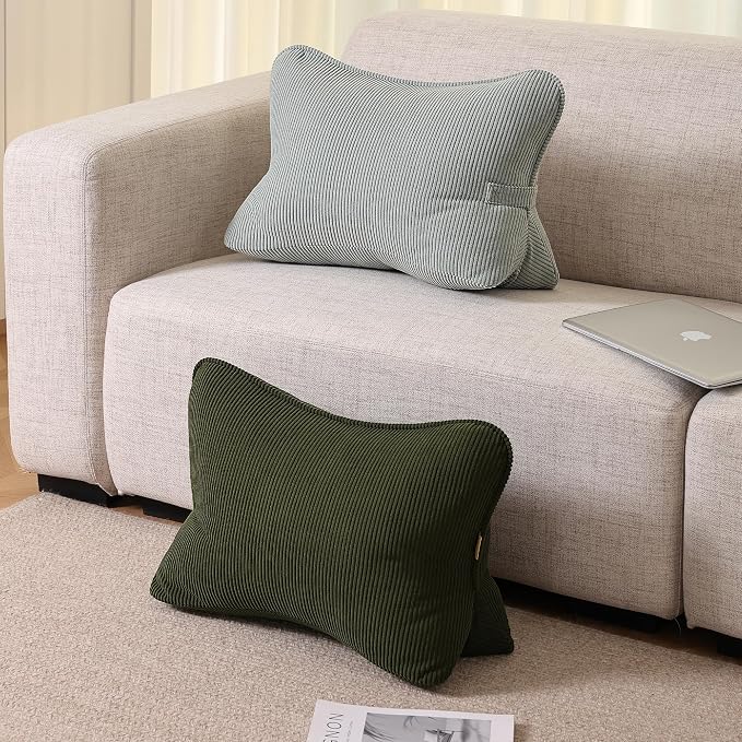 Pat. Pend. Corduroy Lumbar Support Back Pillow for Sitting Up & Reading, Ergonomic Triangle Back Support Cushion for Sofa, Armchair & Bed, Removable Washable Cover, Grey Green - Image 2