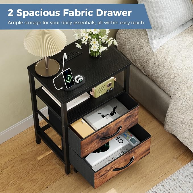 OLIXIS Nightstand with Charging Station, Beside Table with Fabric Drawers | 3-Tier End Table Set of 2 with Storage Shelf, Night Stand with USB Ports and Outlets for Bedroom, Rustic Brown and Black - Image 5