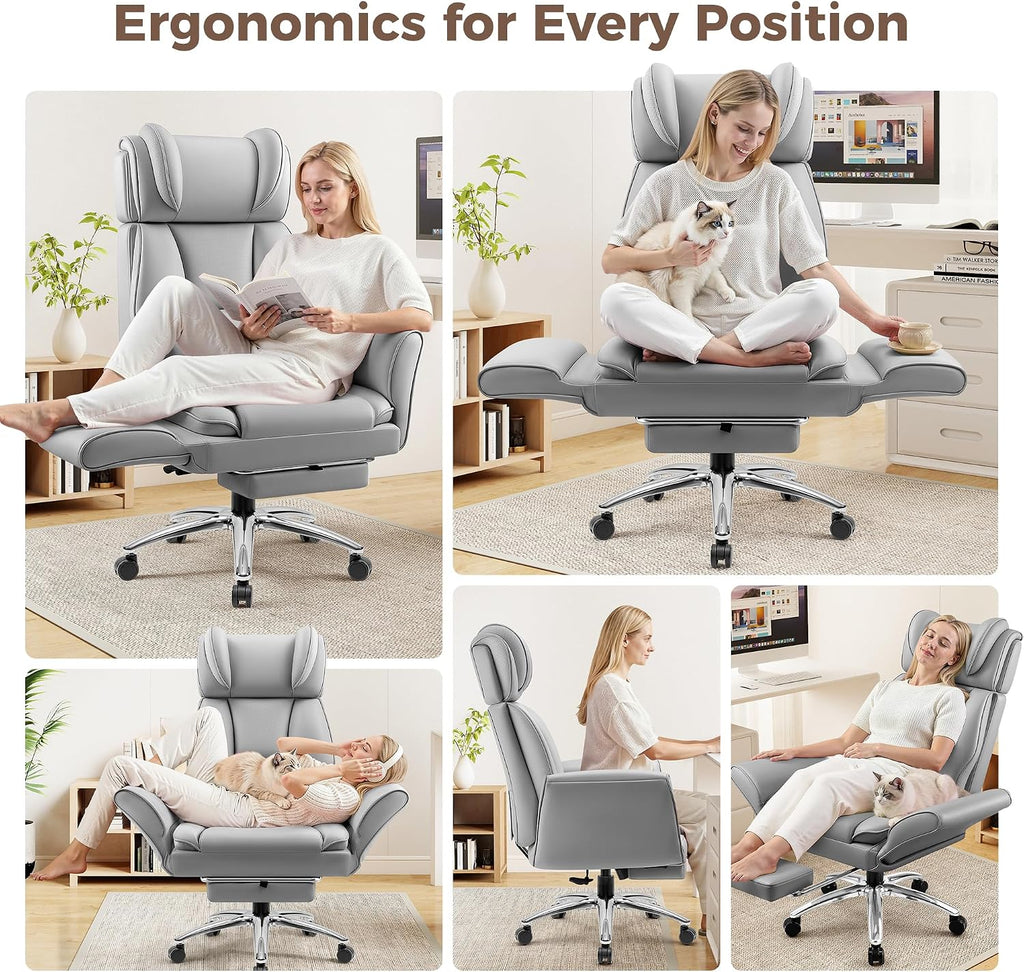Big and Tall Office Chair, Flip Armrests for Cross Legged Sitting, Ergonomic Leather Executive Desk Chair with Foot Rest, High-Back Reclining Computer Chairs for Office Home Game - Light Gray - Image 7
