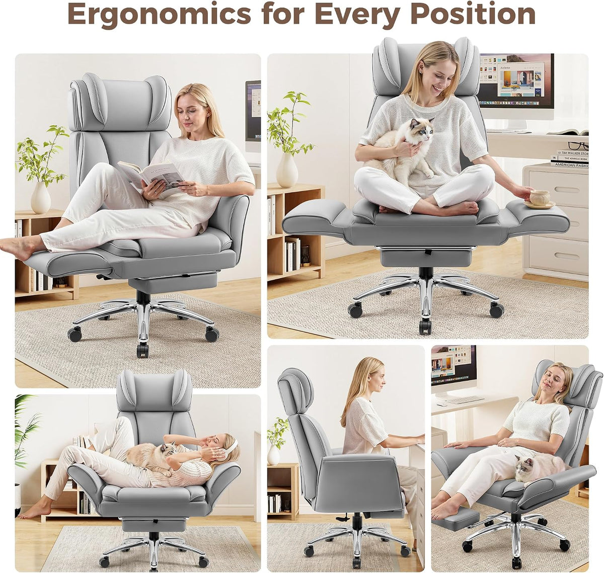 Big and Tall Office Chair, Flip Armrests for Cross Legged Sitting, Ergonomic Leather Executive Desk Chair with Foot Rest, High-Back Reclining Computer Chairs for Office Home Game - Light Gray - Image 7