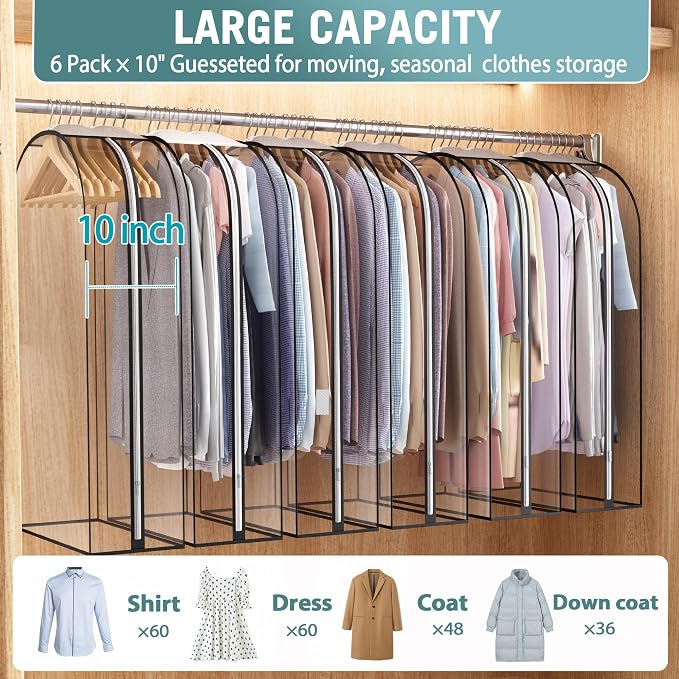 Liuoud Clear Garment Bags for Hanging Clothes 10” Gusseted, 6 Pack, 40” | Suit Bags for Closet Storage with Large Metal Zipper, Breathable odorless Hanging Plastic Clothes Cover for Coat Dress Fur - Image 2