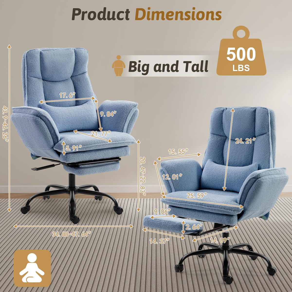 Wider Seat Office Chair with Flip Armrests for Criss Cross Legged&Cats, Big and Tall Executive Ergonomic Reclining Chair with Footrest&Lumbar Pillow, Teddy Fleece Desk Chair,Pink Vanity Chair - Image 2