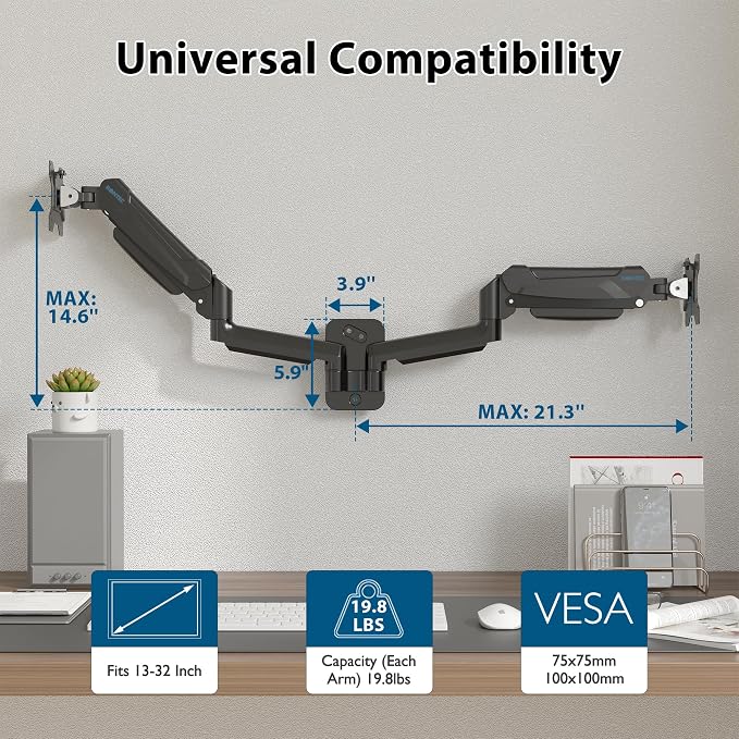 BONTEC Dual Monitor Wall Mount for 13-32 Inch Screens, VESA 75x75/100x100mm | Height Adjustable Gas Spring Arm with Tilt, Swivel & Rotate, Hold Up to 19.8 lbs, Fully Adjustable, Office & Home Use - Image 2