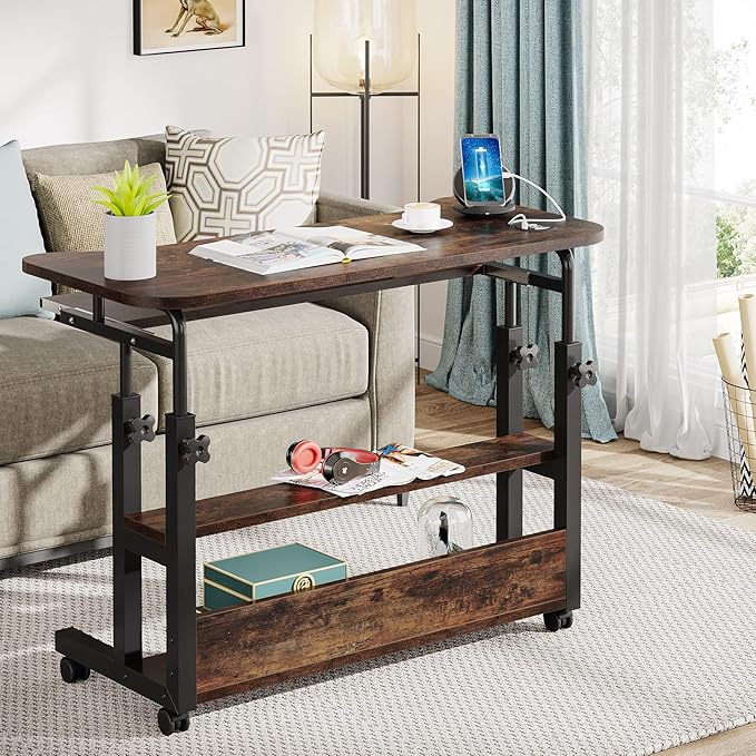 Tribesigns Portable Desk with Power Outlets, Height Adjustable Side Table Sofa Couch Bedside Laptop Computer Cart with USB Charging Ports, Mobile Small Standing Desk with Keyboard Tray - Image 3