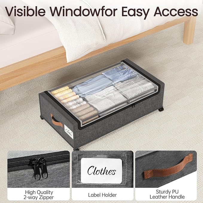 Yecaye 82L Under Bed Storage Containers, Fits 9.4" Under Bed, 2 Pack, Grey | XXL Capacity, 360° Rolling Wheels, Sturdy Metal Frame, Clear Window & Label, Storage Bins for Clothes, Blankets, Shoes - Image 6