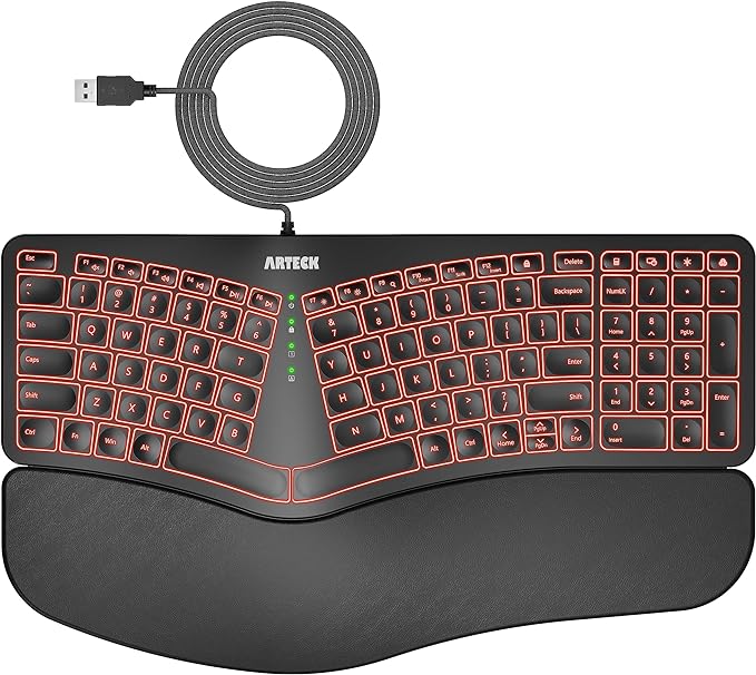 Arteck Split Ergonomic Keyboard with Palm Rest, USB Wired Backlit Keyboard by ARTECK