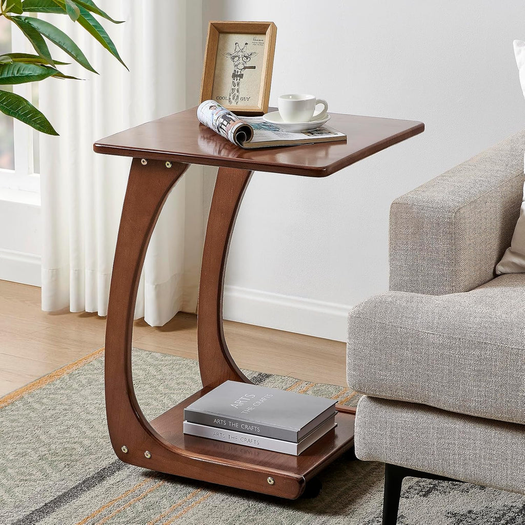 Solid Wood C Shaped End Table with Wheels,Walnut Color(15.7" W) by MLRDWLS