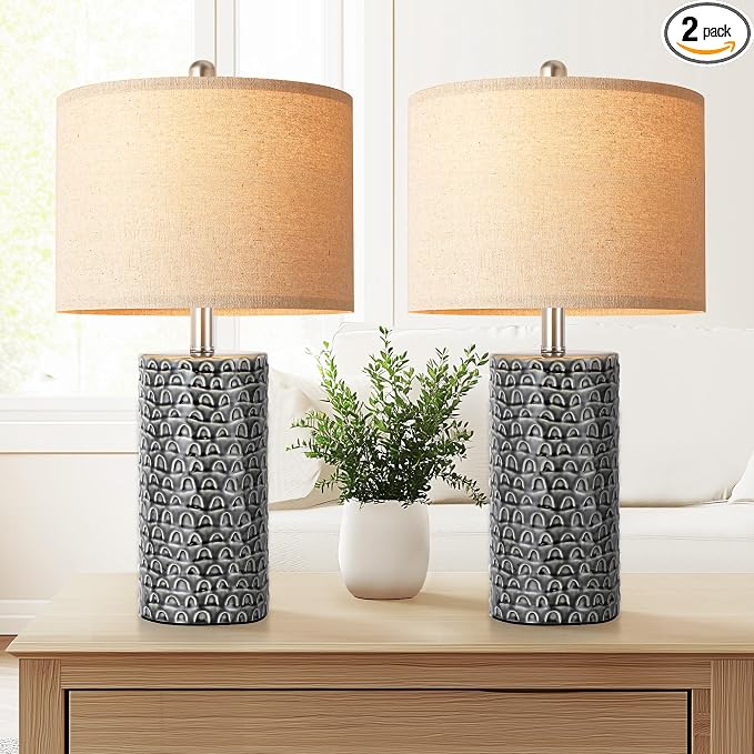23" Modern Ceramic Table Lamp Set of 2, Table Lamps for Living Room, Rustic Farmhouse Bedside Lamps Nightstand lamp for Bedroom, Desk Lamp for End Table Home Decor Black by PARTPHONER