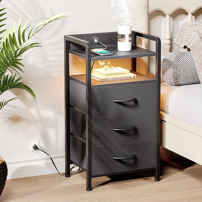 Lazzanto Nightstand with Rear Charging Station, LED Light, 3 Drawers, Black | Industrial Nightstand, 2 USB-A Ports & AC Outlets, Raised Back Guard, Fabric Storage Drawers, Bedside Table for Bedroom, Dorm - Image 2