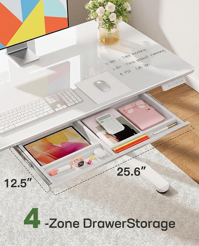 Marsail 40 x 24 inch Glass Standing Desk with 4-Zone Drawer Storage, White | 28.3–46.5 Inch Height Range, One-piece Tempered Glass top, 4 Preset Heights, Sit Stand Design, Ergonomic Home Office Desk - Image 4