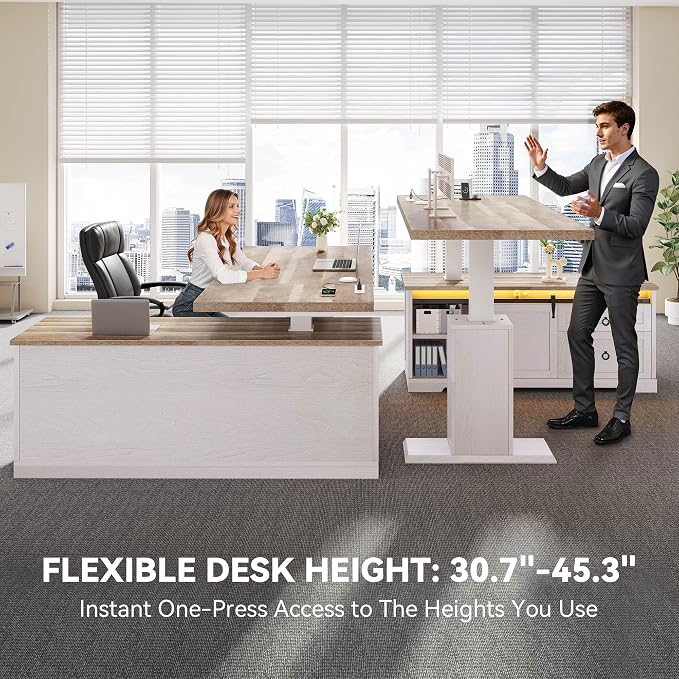 YITAHOME L Shaped Standing Desk with Power Outlets & LED Lights | 63" Farmhouse Electric Standing Desk Adjustable Height Sit Stand Corner Stand Desks with Drawers & Sliding Door, Grey Wash - Image 5