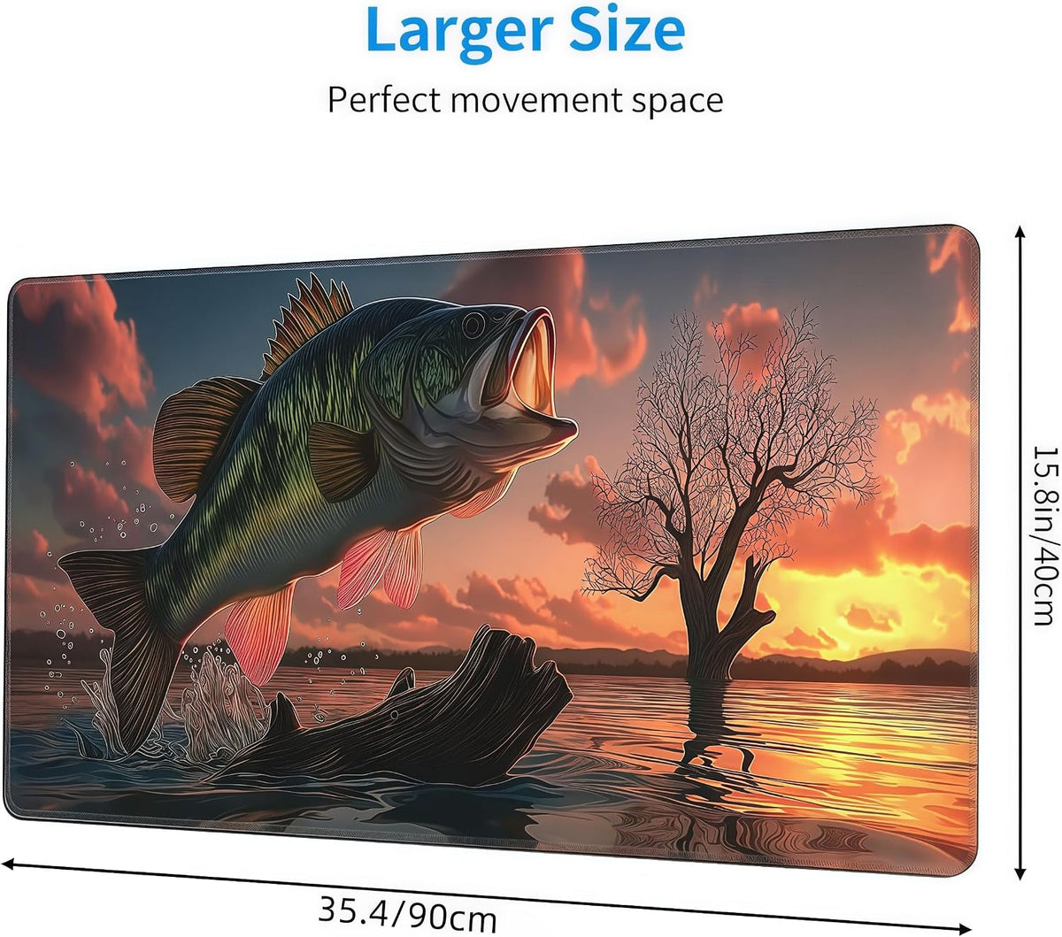 Large Gaming Mouse Pad with Bass Fish Sunset Design, Non-Slip Rubber Base, Stitched Edges, Extended Size 35.4 x 15.8 inches - Image 3