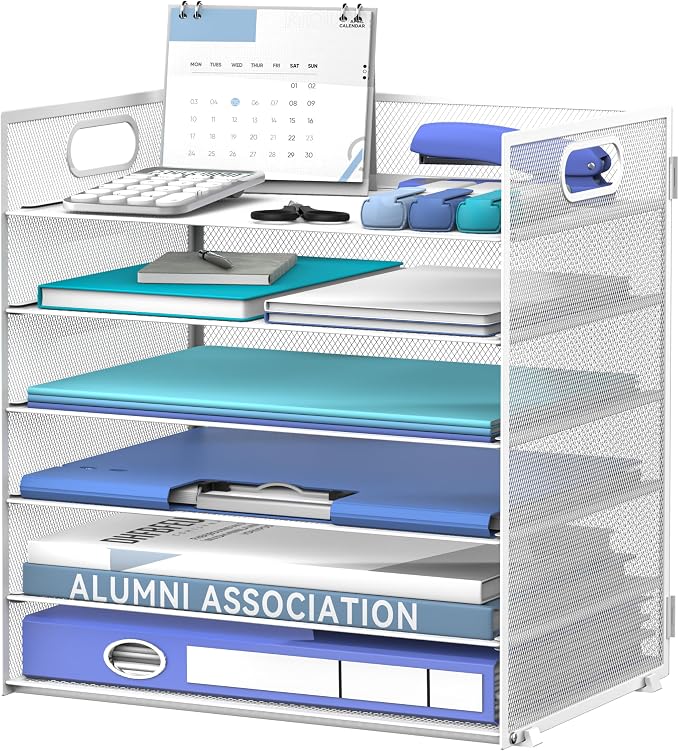 Daltack 6-Tier Paper Organizer for Desk with Handle, White | Sturdy Metal Mesh Organizer with Movable Middle Trays and a Carry Handle for Papers, Folders and Office Supplies by DALTACK