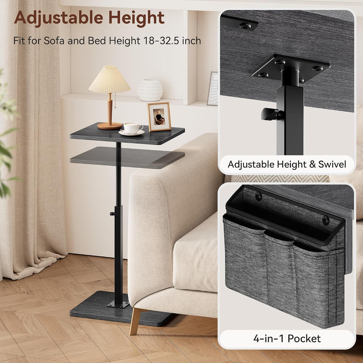 Sofa Armrest Tray Table for Couch, 360° Swivel Height Adjustable TV Tray Table for Small Spaces, Snack Side Table for Couch, Bed, Chair, C Shaped End Side Table for Eating, Reading, Laptop - Image 5