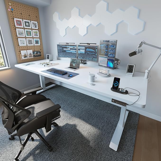 FEZIBO Standing Desk 83 × 37 Inch Electric Height Adjustable, White | 1" Thick Large Adjustable Desk with Integrated Dual-Beam, Cable Management, Computer Desk for Home Office Workstation - Image 2