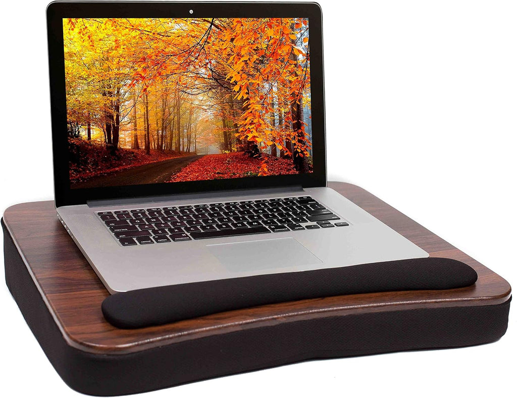Multi Tasking Lap Desk with Memory Foam Cushion | Tablet Slot | Fits Laptops Up to 17" | Tablets Up to 9.6" | Black | Walnut Wood Top | Computer Lap Tray - Image 2