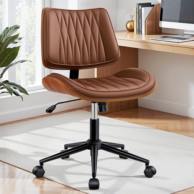 Ergonomic Armless Office Desk Chair - Mid-Century Modern Brown Faux Leather with Diamond Stitch, Adjustable Height Swivel Rolling Task Computer Chair with Walnut Accent for Home Office, Study & Work by Fidom