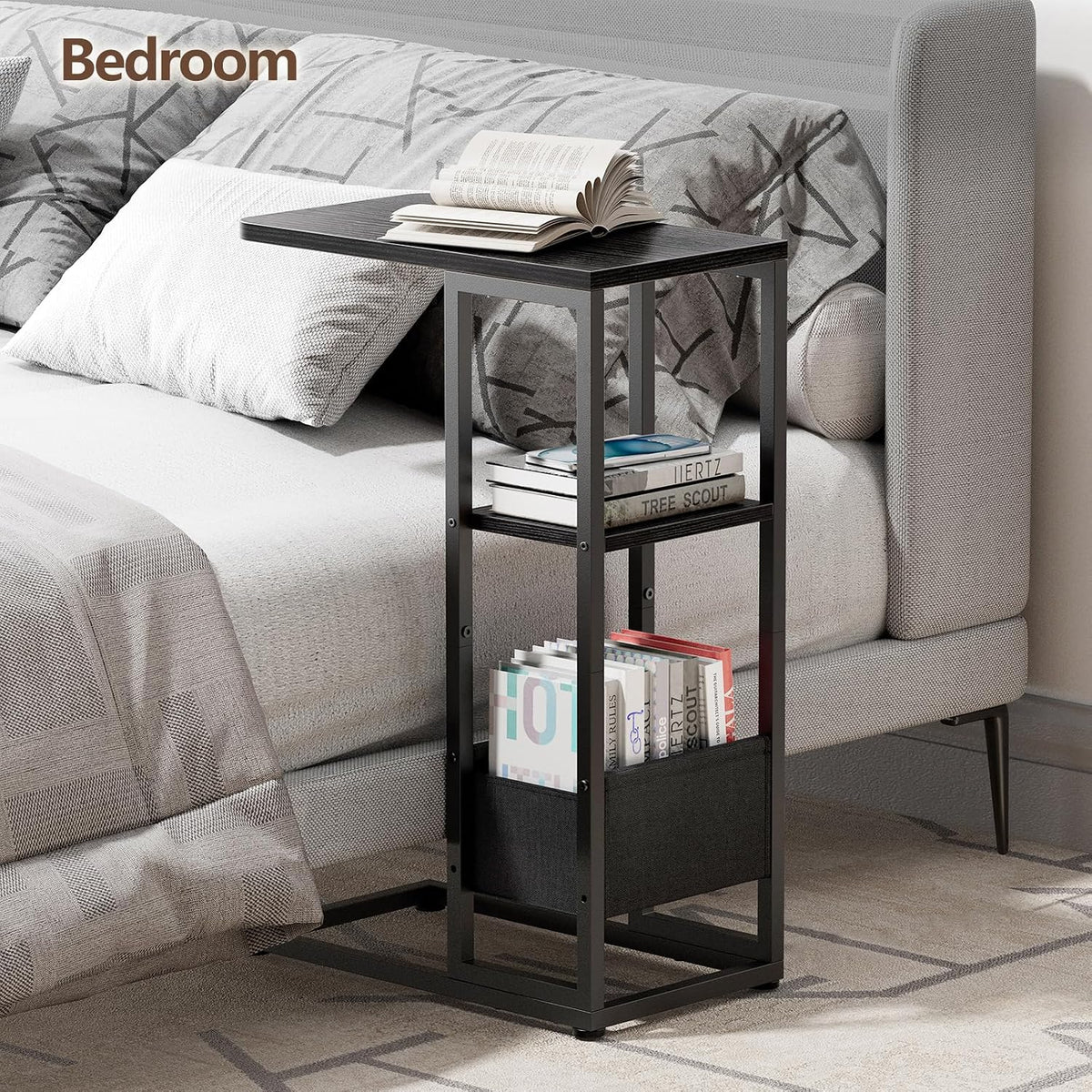 C Shaped End Table, Small Side Table for Couch, Recliner, Slide Under Sofa Tray Desk Snack Tables with Storage Bag for Living Room,Bedroom, Small Spaces - Black - Image 6