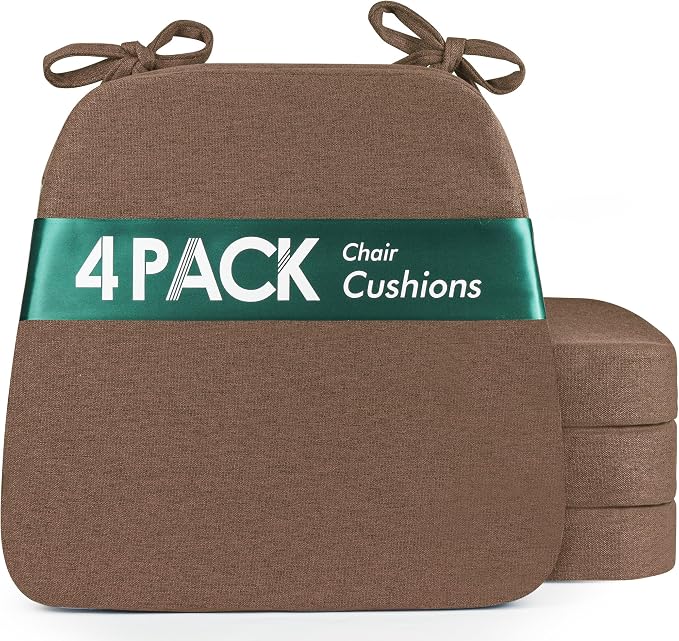 kingphenix Chair Cushions for Dining Chairs, Set of 4, 2.5 Inches Thick | High-Density Foam Kitchen Chair Cushions with Ties, Non-Slip Bottom and Removable Machine-Washable Covers, 17 x 16 in, Brown by kingphenix