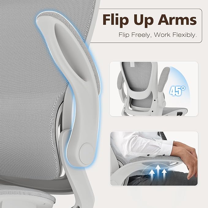 Ergonomic Mesh Office Chair- White Desk Chair, Flip-Up Armrest, Adjustable Headrest, Tilting with Soft Seat and PU Wheel, Elite Home Desk Chair for Work, Study, Gaming (GY1108) - Image 3