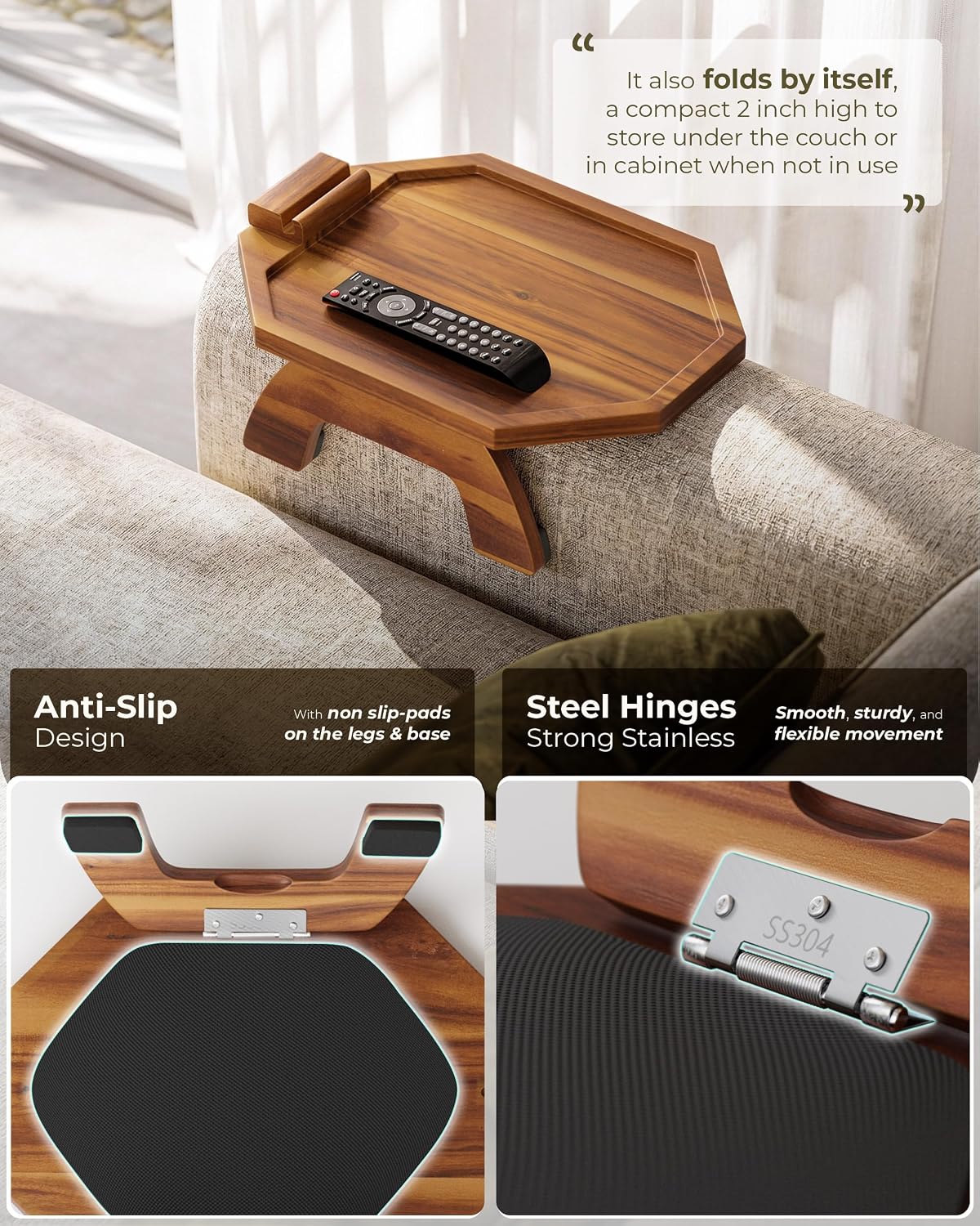 BLUEWEST Octagonal Sofa Arm Tray, Couch Armrest Table, 360° Phone Holder - Image 3