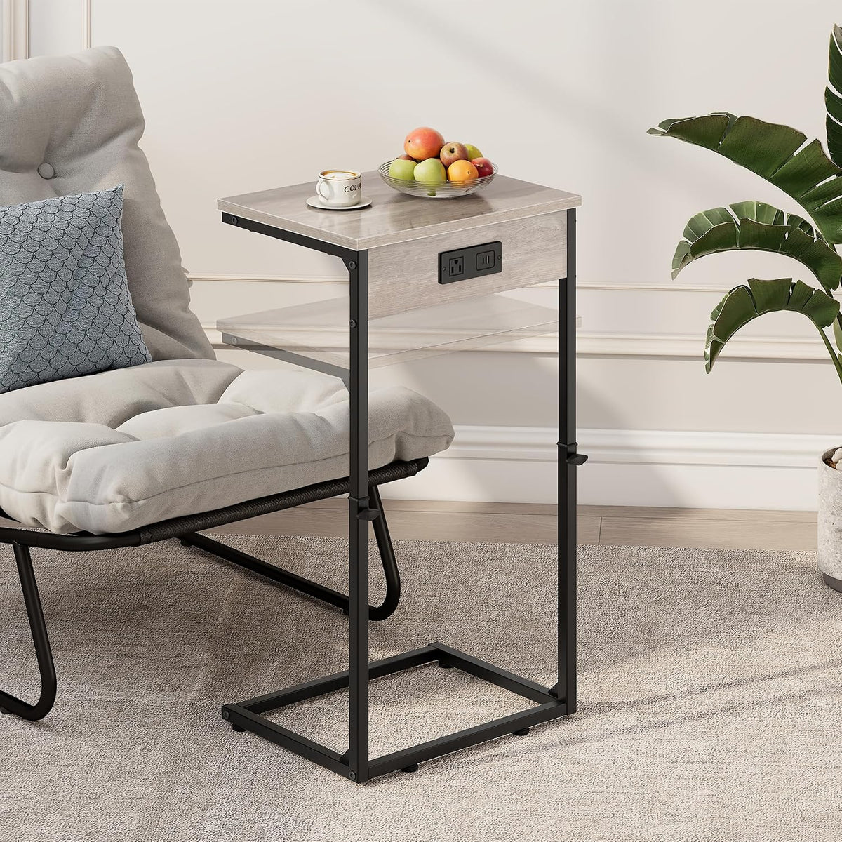 C Shaped End Tables Set of 2 with Charging Station, 33.2'' Tall C Table Adjustable Height Side Table, Small Side Table for Small Spaces, Couch Sofa Table TV Tray for Living Room, Greige - Image 4