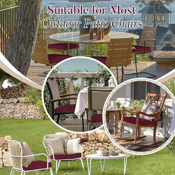 Basic Beyond Outdoor Chair Cushions for Patio Furniture, Waterproof Outdoor Seat Cushions Set of 4 18 x 18, Patio Chair Cushions Set of 4 with Ties and Handle, Burgundy - Image 9