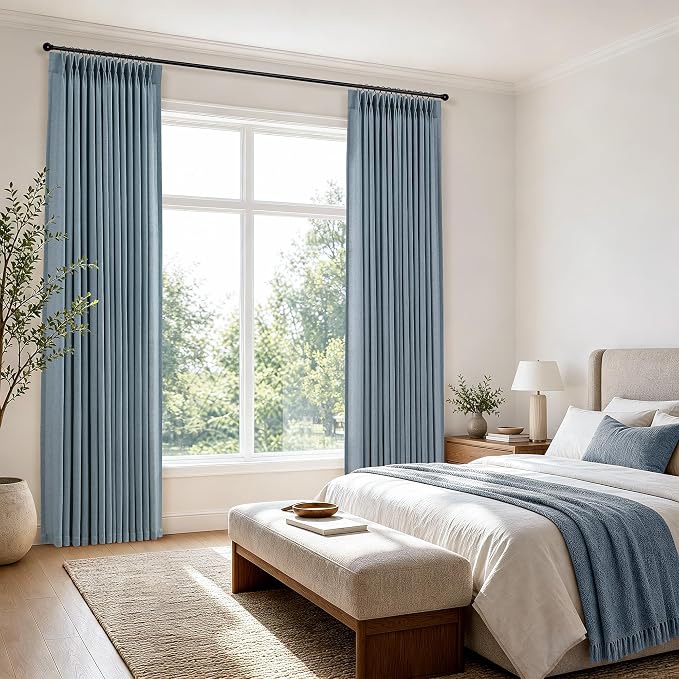 Hokibero Blue Pinch Pleated Linen Curtains 90 Inch Long for Living Room | Light Filtering Sheer Curtain,Pinch Pleat Back Tab Hooks Rings,Farmhouse Textured Privacy Drapes for Bedroom Window,2 Panels - Image 7