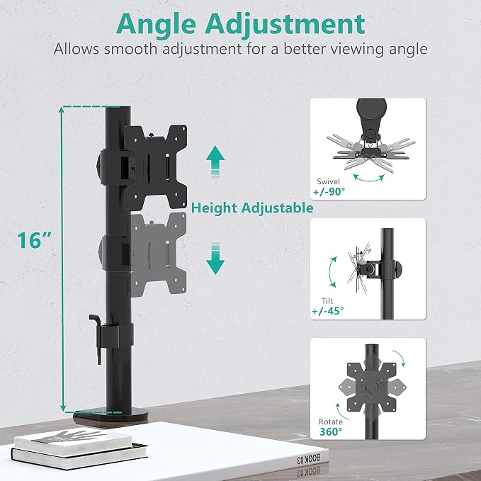 WALI Single Monitor Mount, Vesa Monitor Arm for 13-32 inch, up to 22lbs | Adjustable Monitor Mount for Desk, Full Motion with Tilt, Swivel, Rotation, C-Clamp/Grommet Mounting, VESA 75/100mm (M001S) - Image 3