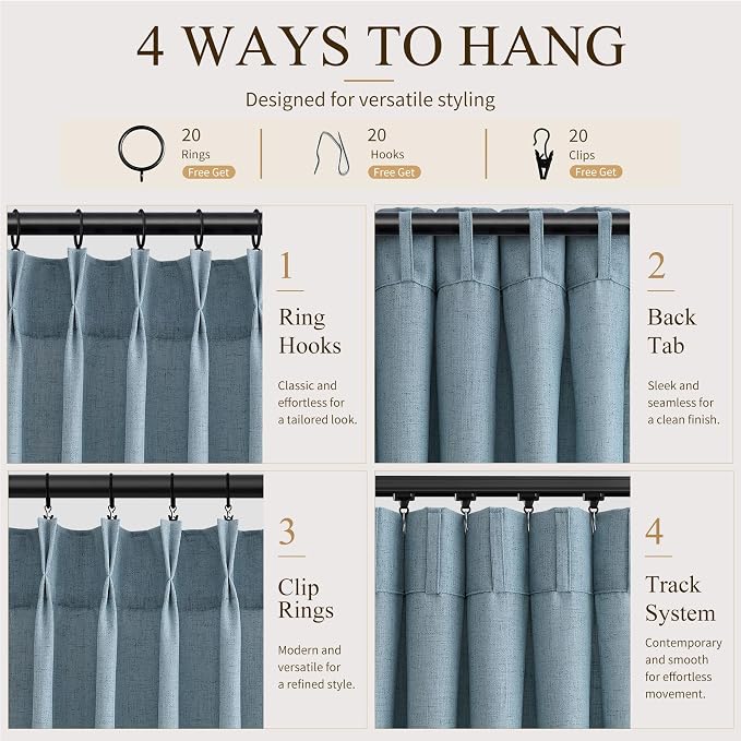 Hokibero Blue Pinch Pleated Linen Curtains 63 Inch Long for Living Room | Light Filtering Sheer Curtain,Pinch Pleat Back Tab Hooks Rings,Farmhouse Textured Privacy Drapes for Bedroom Window,2 Panels - Image 4