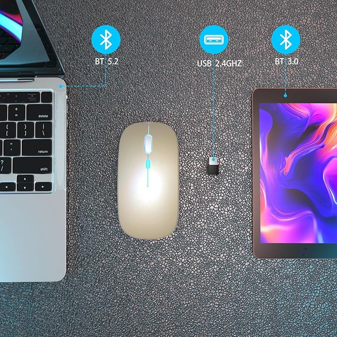 AIKOKOK Wireless Mouse, Bluetooth Mouse Rechargeable Dual Mode, Gold | BT 5.2 & 2.4G USB Receiver, 3 Adjustable DPI,LED Lights,Slim,Silent,Portable Computer Mouse for Laptop,PC,MacBook,iPad,Tablet - Image 4