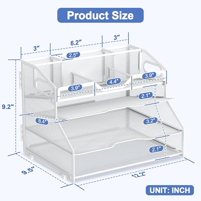 4 Tier Metal Desk Organizer with Magazine File Holder, White | Space saving workspace desk file trays. Includes pencil holder and portable handles. Ideal for school and office supplies - Image 2