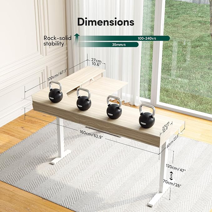 CubiCubi 63x48 Inches L Shaped Standing Desk with 3 Drawers and Monitor Shelf, Height Adjustable Corner Computer Desk with Hooks, Sit Stand Up Ergonomic Home Office Workstation Table, Light Walnut - Image 3