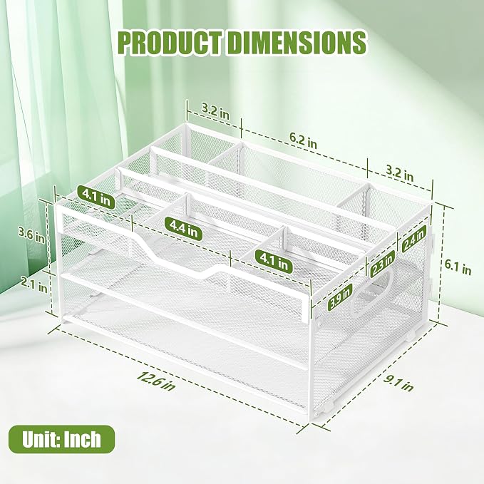3 Tier Metal Desk Organizer with Magazine File Holder, White | Space saving workspace desk file trays. Includes pencil holder and portable handles. Ideal for school and office supplies - Image 2
