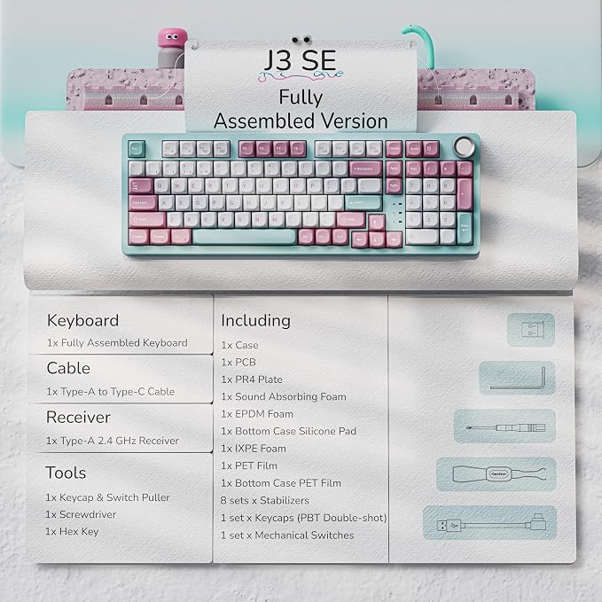 Keychron J3 SE Pink Blue Mechanical Keyboard Wireless, Compact 96% Layout with Numpad Knob, 2.4 GHz/Bluetooth/Wired Custom RGB Backlit, Hot-Swappable Sakura Milk Switch for Mac Windows Linux - Image 8