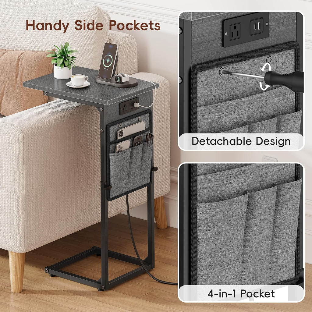 C Shaped End Table with Charging Station, C Table End Table Adjustable Height, Small Side Table for Couch, Sofa Table Slide Under Couch TV Tray Arm Table for Living Room, Bedroom, Gray Walnut - Image 6