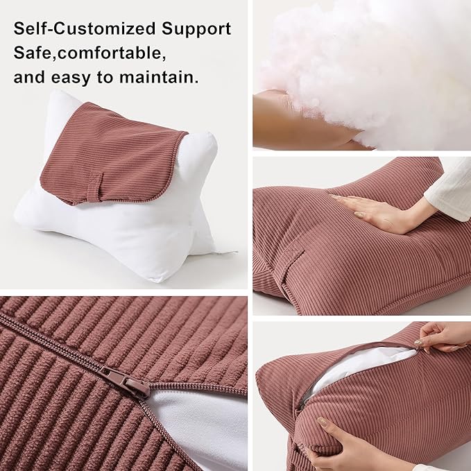 Pat. Pend. Corduroy Back Pillow for Sitting Up & Reading, Ergonomic Triangle Lumbar Support Cushion for Sofa, Armchair & Bed, Removable Cover, Brick Brown - Image 5